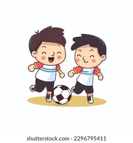 Cute happy little boy playing football soccer cartoon flat character vector illustration