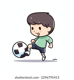 Cute happy little boy playing football soccer cartoon flat character vector illustration