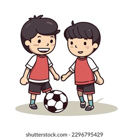 Cute happy little boy playing football soccer cartoon flat character vector illustration