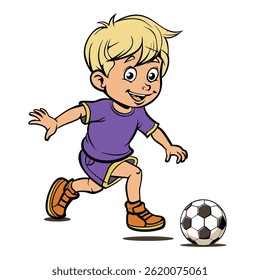 Cute happy little boy playing football soccer cartoon flat character vector illustration isolated on white background