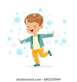 Cute happy little boy playing bubbles vector Illustration