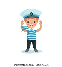 Cute happy little boy in sailors costume, kid dreaming of becoming a sailor vector Illustration