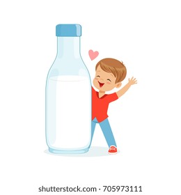 Cute happy little boy standing next to a giant milk bottle, healthy childrens food cartoon character vector Illustration