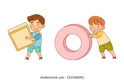 Cute happy little boys playing with stuffed toy blocks cartoon vector illustration