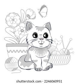 Cute happy little cat for coloring book page. Balls of yarn, flowers in a flower pot, knitting needles, butterfly. Vector illustration.
