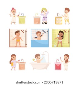 Cute happy little children doing everyday hygiene activities set. Kids washing hands, combing hair, taking bath, brushing teeth cartoon vector illustration