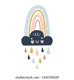 Cute happy little cloud with kawaii face, colorful rainbow and droplets. Scandinavian style childish weather illustration isolated on white in vector. Nursery poster print design idea.