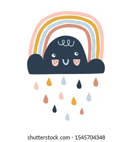 Cute happy little cloud with kawaii face, colorful rainbow and droplets. Scandinavian style childish weather illustration isolated on white in vector. Nursery poster print design idea.