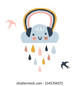 Cute happy little cloud with kawaii face, colorful rainbow headphones, droplets, birds. Scandinavian style childish weather illustration isolated on white in vector. Nursery poster print design idea.