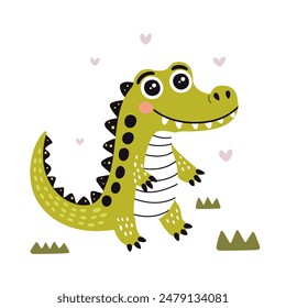 Cute happy little crocodile. Smiling cartoon animal, hearts and grass isolated on white background. Flat vector illustration.