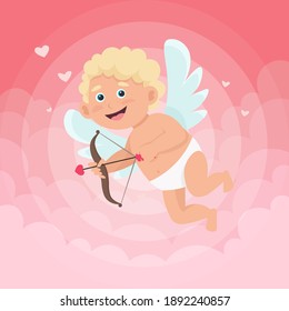 Cute happy little cupid with a bow and arrow flies on the clouds. Vector illustration in cartoon flat style. Template for Valentine’s greeting card or banner