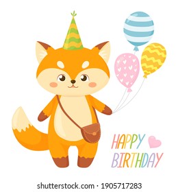 Cute happy little fox holding balloons. Funny cartoon character for kid greeting card template, happy birthday invitation. Vector illustration isolated on white background 