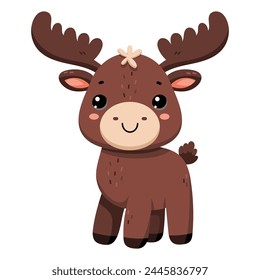 Cute happy little funny elk. Сute autumn forest animal isolated on white background. Flat vector illustration. Fall season stickers and clipart.