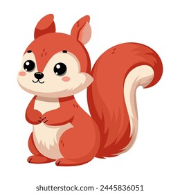 Cute happy little funny squirrel. Сute autumn forest animal isolated on white background. Flat vector illustration. Fall season stickers and clipart.