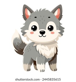 Cute happy little funny wolf. Сute autumn forest animal isolated on white background. Flat vector illustration. Fall season stickers and clipart.