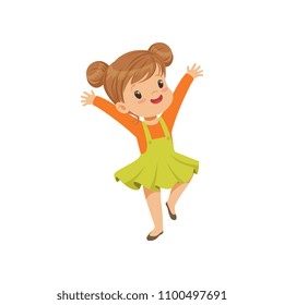 Cute happy little girl dancing in casual clothes vector Illustration on a white background