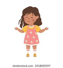 Cute happy little girl with disappointed face expression. Brunette girl dressed yellow t-shirt and pink sundress standing with her arms outstretched to sides cartoon vector illustration