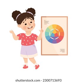 Cute happy little girl doing presentation. Preschool kid learning at lesson cartoon vector illustration