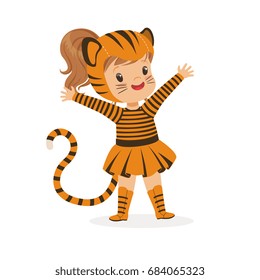 Cute happy little girl dressed as a tiger cub, kids carnival costume vector Illustration