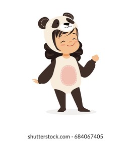 Cute happy little girl dressed as a panda, kids carnival costume vector Illustration