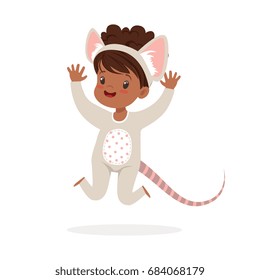 Cute happy little girl dressed as a mouse, kids carnival costume vector Illustration