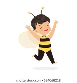 Cute happy little girl dressed as a bee, kids carnival costume vector Illustration