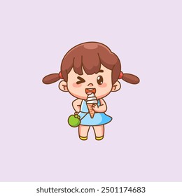 Linda niña feliz comer helado kawaii chibi personaje mascota ilustración esquema conjunto de estilo