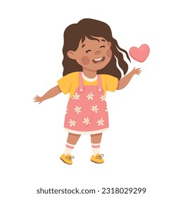 Cute happy little girl with happy face expression . Loving brunette girl dressed yellow t-shirt sundress with pink heart cartoon vector illustration