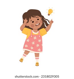 Cute happy little girl having good idea. Brunette girl dressed yellow t-shirt and pink sundress pointing at bright light bulb cartoon vector illustration