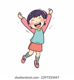 Cute happy little girl jump and rise hand cartoon flat character vector illustration