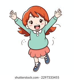 Cute happy little girl jump and rise hand cartoon flat character vector illustration