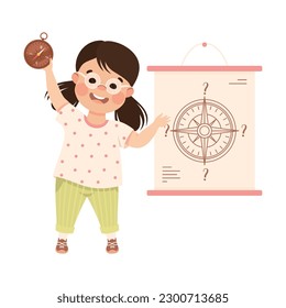 Cute happy little girl learning about compass tool. Preschool kid studying at geography lesson cartoon vector illustration