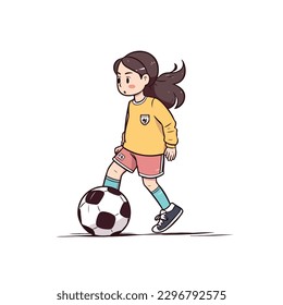 Cute happy little girl playing football soccer cartoon flat character vector illustration