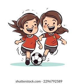Cute happy little girl playing football soccer cartoon flat character vector illustration