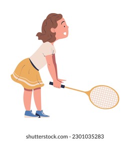 Cute happy little girl playing tennis. Side view of smiling kid with racket training on court cartoon vector illustration