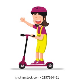 a cute and happy little girl rides her scooter happily