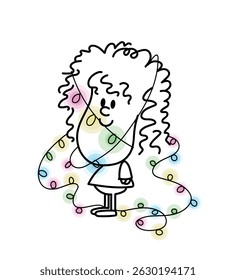 Menina feliz bonito sorridente personagem emaranhado em uma guirlanda elétrica com luzes de cores diferentes. Ilustração vetorial de esboço de arte em linha.