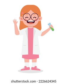 Cute happy little girl wearing scientist costume cartoon illustration