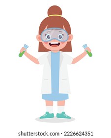 Cute happy little girl wearing scientist costume cartoon illustration