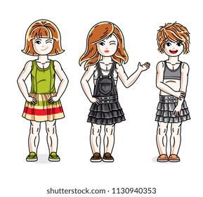Cute happy little girls posing in stylish casual clothes. Vector diversity kids illustrations set.