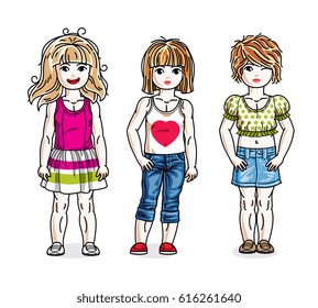 Cute happy little girls posing wearing casual clothes. Vector diversity kids illustrations set. Childhood and family lifestyle cartoons.