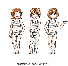 Cute happy little girls posing in white underwear. Vector set of beautiful kids illustrations.