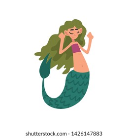 Cute Happy Little Green Haired Mermaid, Fairytale Mythical Girl Creature Cartoon Character Vector Illustration