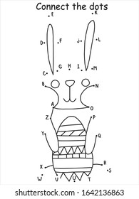 Cute and happy little hare with colored egg connect the dots puzzle for kids. Egg hunter funny animal educational game for learn english letters and numbers. Dot to dot printable game with bunny. 