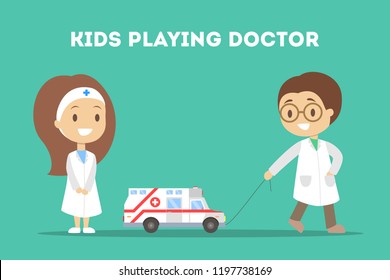 Cute happy little kid in doctor uniform play with car. Children play as medicine workers with different equipment. Ambulance vehicle. Flat vector illustration