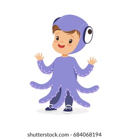 Cute happy little kid dressed as a purple octopus, carnival costume vector Illustration