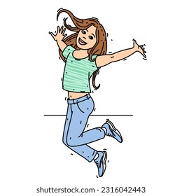 Cute happy little kid girl stand with celebrating pose expression