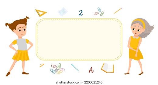 Cute happy little kids on a white background with empty banner. Cartoon characters. Vector illustration with school supplies