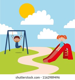cute happy little kids playing slide jump rope playground