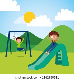 cute happy little kids playing slide jump rope playground